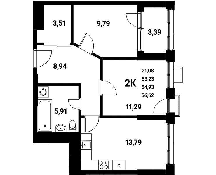 Планировка 2-комн. в ЖК «Z-town»