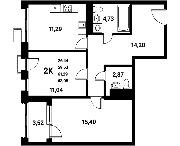 Планировка 2-комн. в ЖК «Z-town»