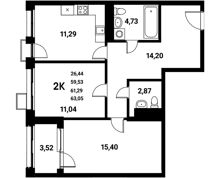 Планировка 2-комн. в ЖК «Z-town»