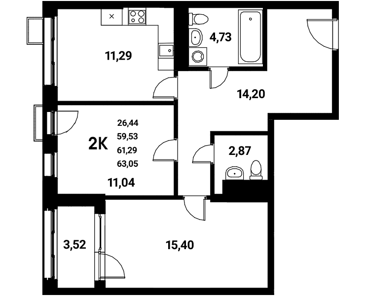 Планировка 2-комн. в ЖК «Z-town»