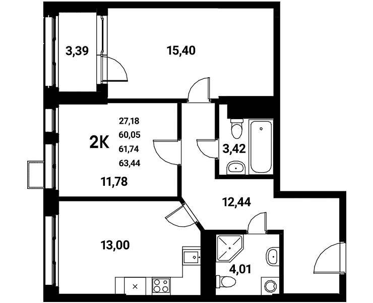 Планировка 2-комн. в ЖК «Z-town»