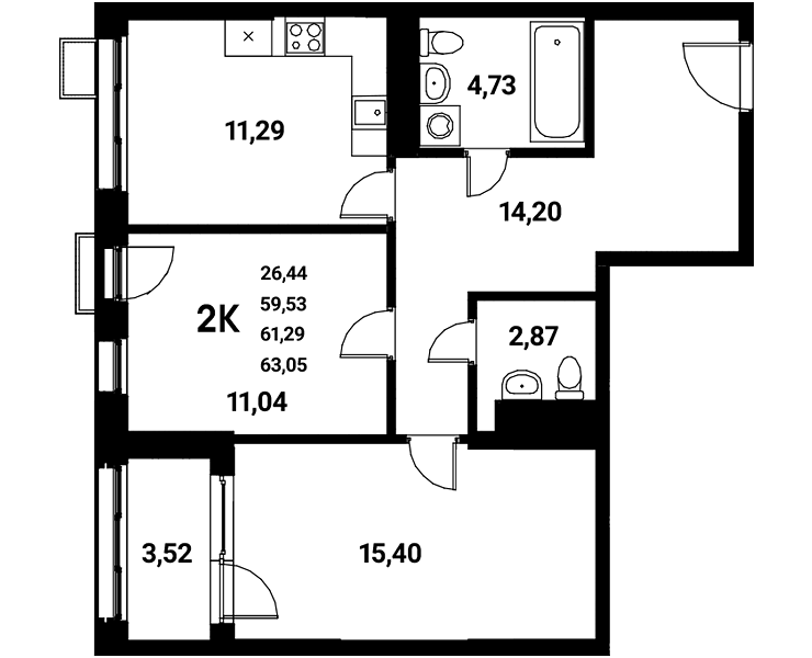 Планировка 2-комн. в ЖК «Z-town»