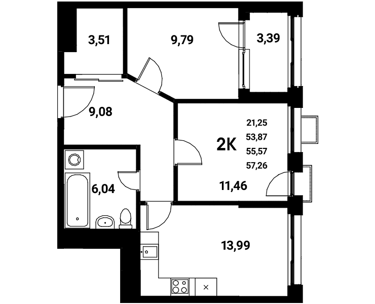 Планировка 2-комн. в ЖК «Z-town»