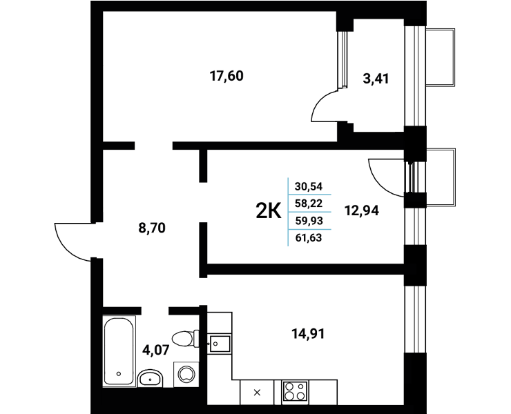 Планировка 2-комн. в ЖК «Z-town»