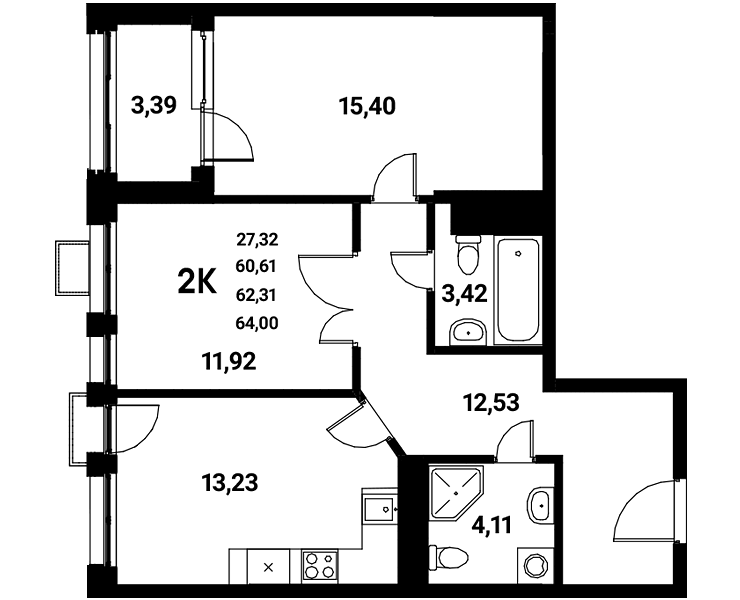 Планировка 2-комн. в ЖК «Z-town»
