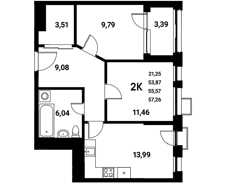 Планировка 2-комн. в ЖК «Z-town»