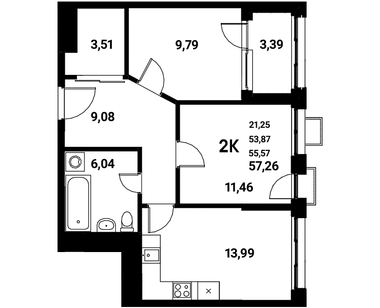 Планировка 2-комн. в ЖК «Z-town»