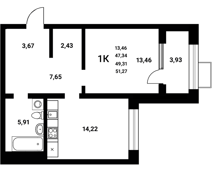 Планировка 1-комн. в ЖК «Z-town»