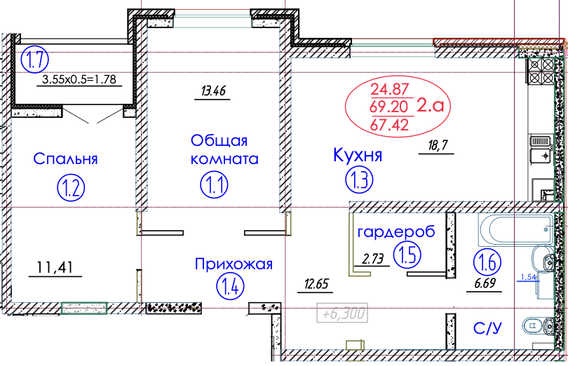 Планировка 2-комн. в ЖК «Гулливер»