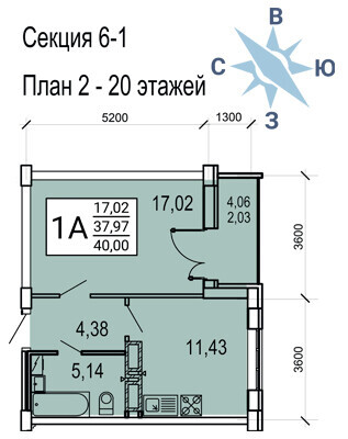 Планировка 1-комн. в ЖК «Волна-1»