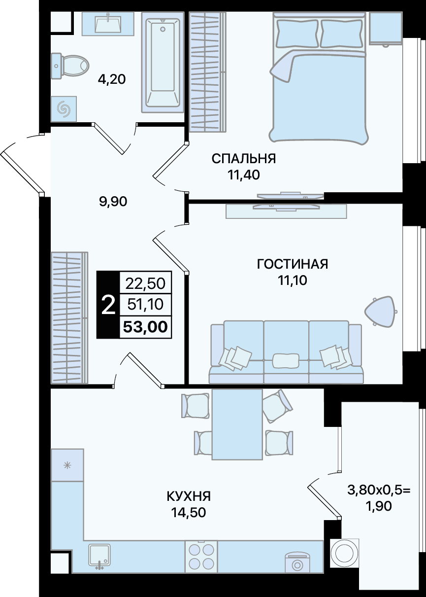 Планировка 2-комн. в ЖК «Движение 61»
