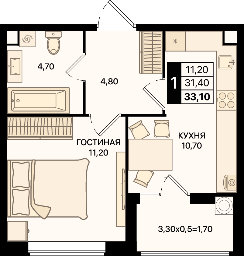 Планировка 1-комн. в ЖК «Движение 61»