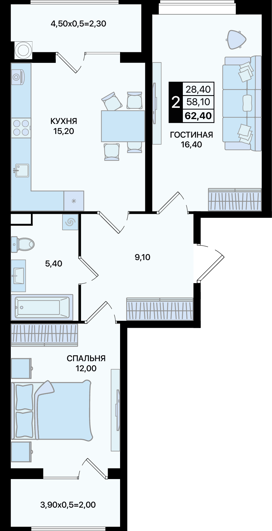 Планировка 2-комн. в ЖК «Движение 61»