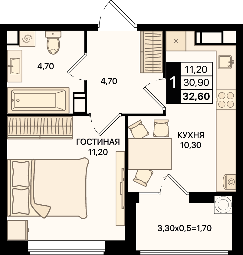 Планировка 1-комн. в ЖК «Движение 61»