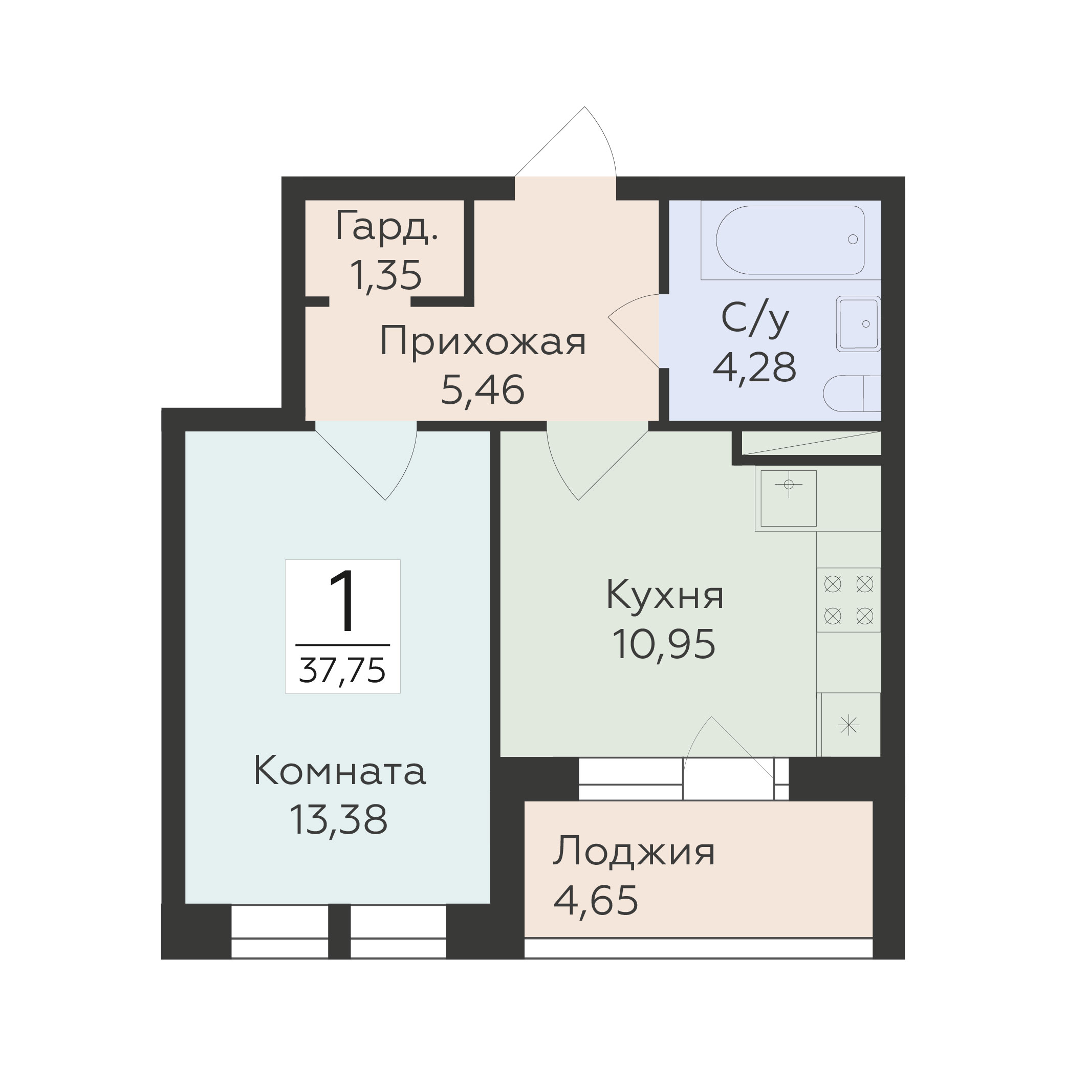 Планировка 1-комн. в ЖК «Октябрьский квартал»