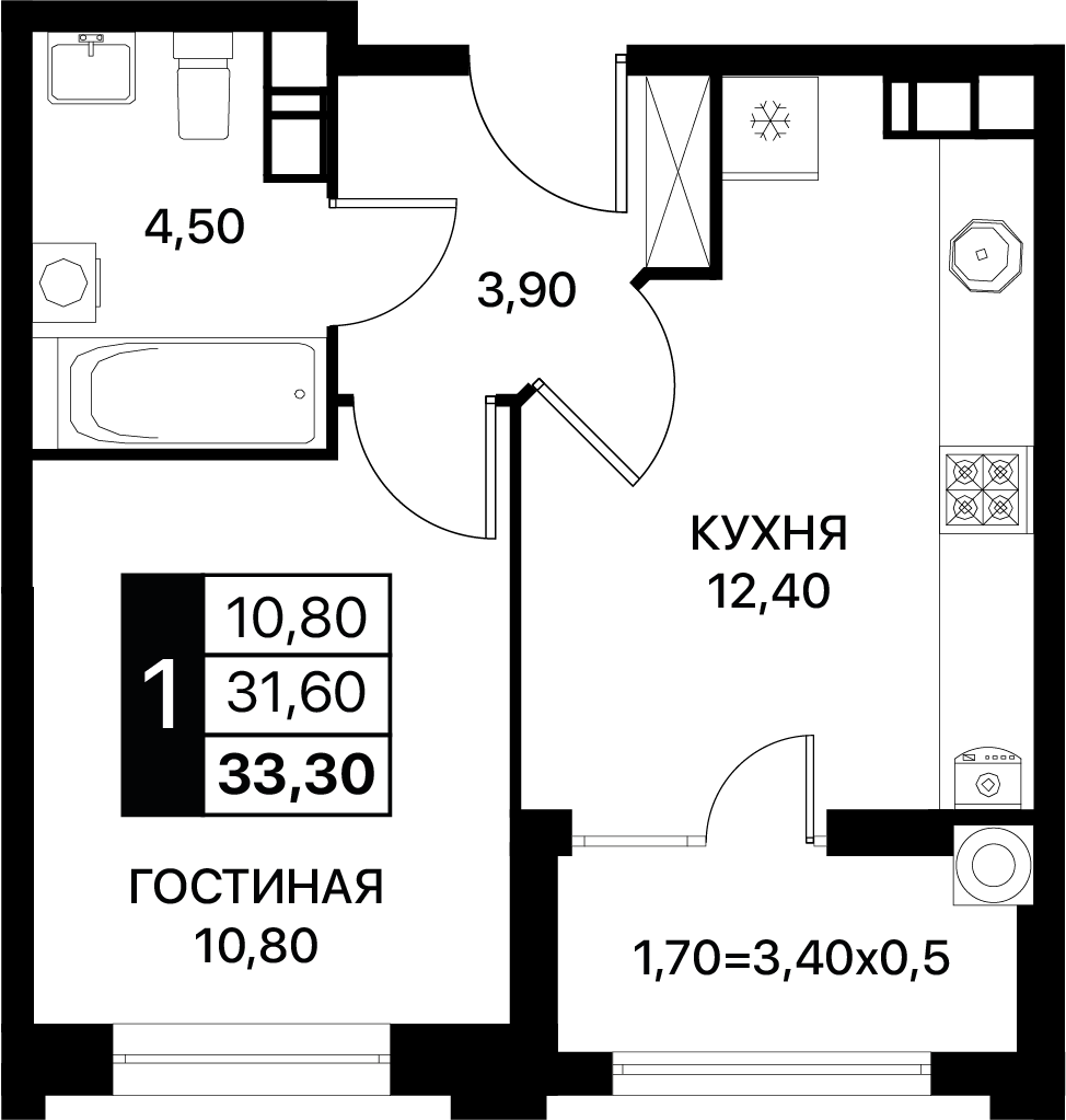 Планировка 1-комн. в ЖК «Сияние»