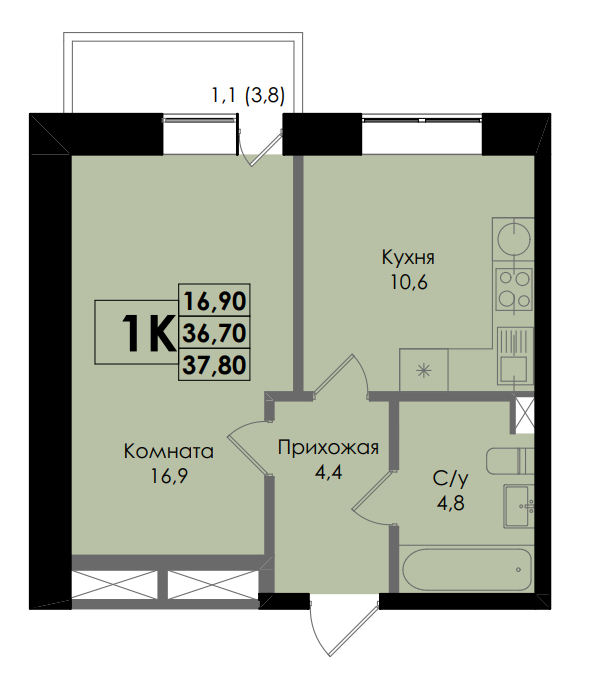 Планировка 1-комн. в ЖК «BOTANIKA»