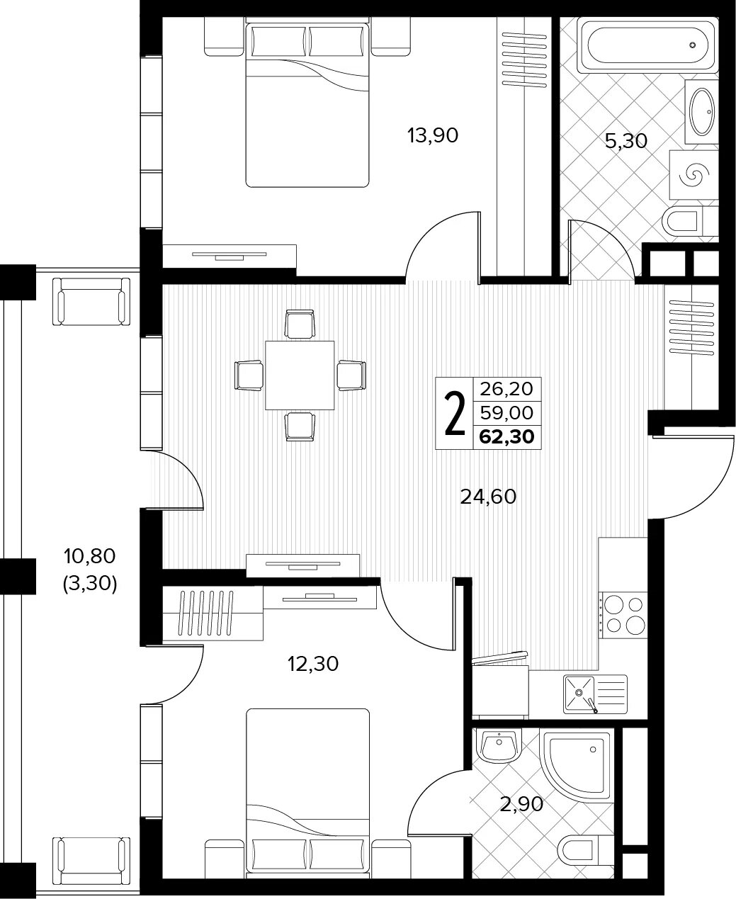 Планировка 2-комн. в ЖК «Кипарис»