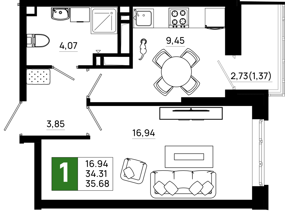 Планировка 1-комн. в ЖК «Октябрь Парк»