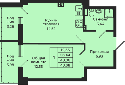 Планировка 1-комн. в ЖК «Мечта»