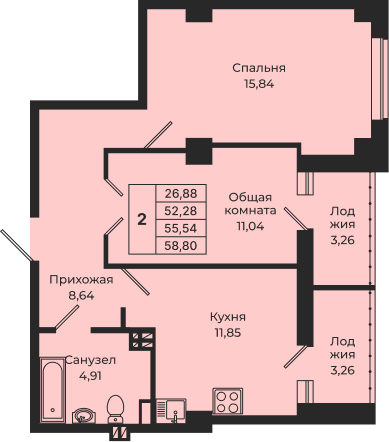 Планировка 2-комн. в ЖК «Мечта»