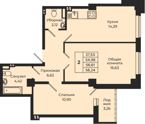 Планировка 2-комн. в ЖК «Мечта»