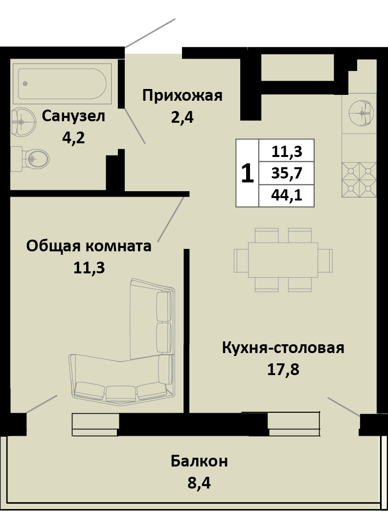Планировка 1-комн. в ЖК «Южные соседи»