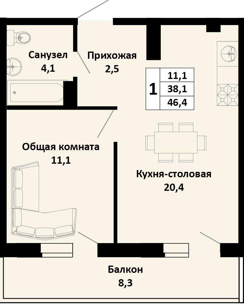 Планировка 1-комн. в ЖК «Южные соседи»