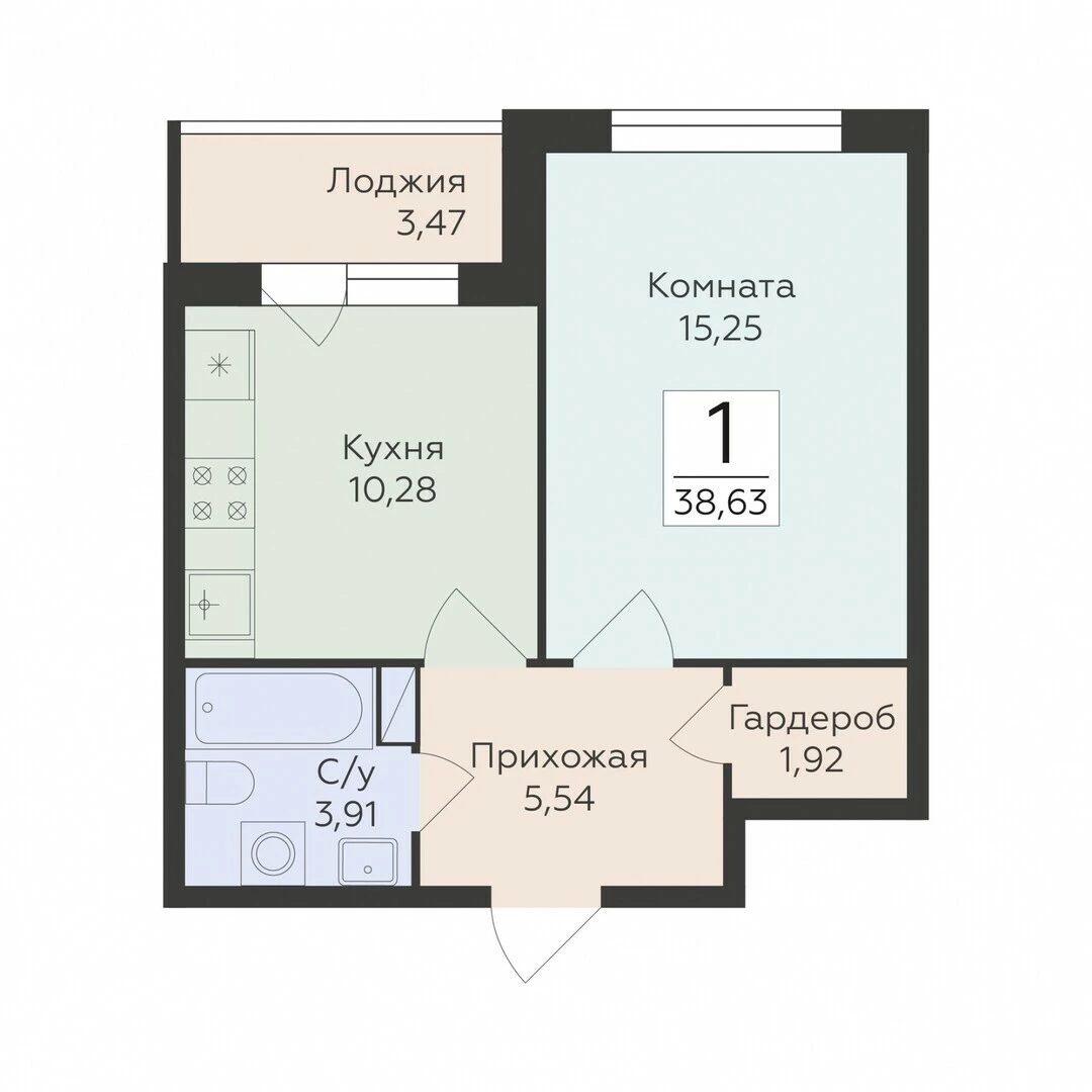 Планировка 1-комн. в ЖК «Романовский»