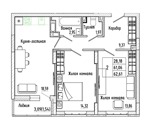 Планировка 2-комн. в ЖК «Алые паруса-2»