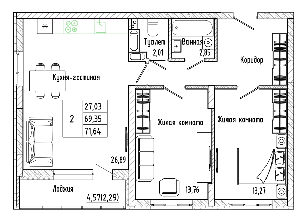 Планировка 2-комн. в ЖК «Алые паруса-2»