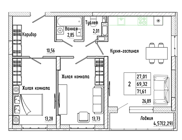 Планировка 2-комн. в ЖК «Алые паруса-2»