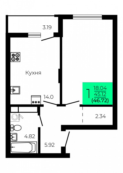 Планировка 1-комн. в ЖК «Оникс»