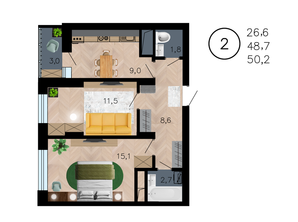Планировка 2-комн. в ЖК «Лето»