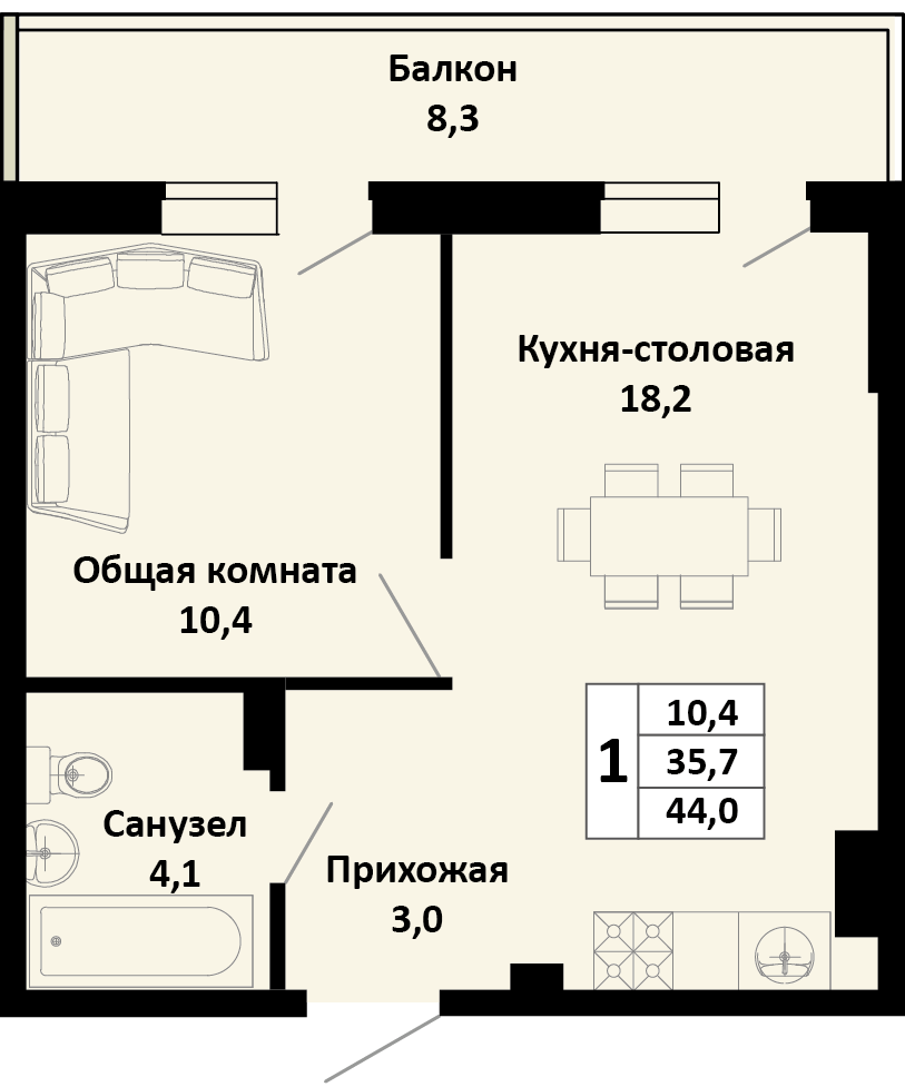 Планировка 1-комн. в ЖК «Южные соседи»
