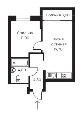 Планировка 1-комн. в ЖК «Пломбир»