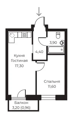 Планировка 1-комн. в ЖК «Пломбир»