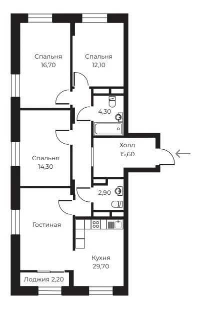 Планировка 3-комн. в ЖК «Пломбир»