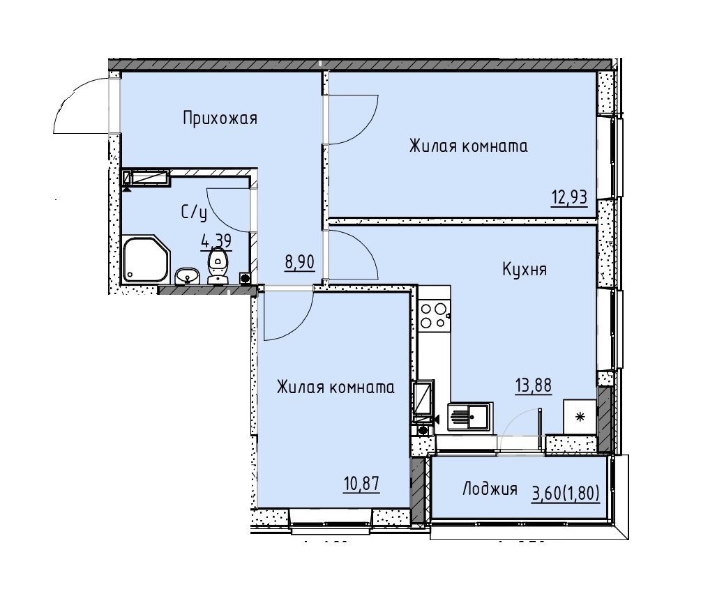 Планировка 2-комн. в ЖК «Точка»
