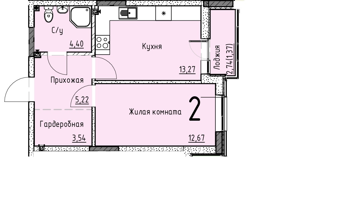 Планировка 1-комн. в ЖК «Точка»