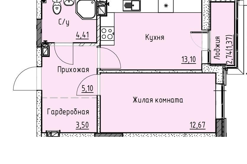 Планировка 1-комн. в ЖК «Точка»
