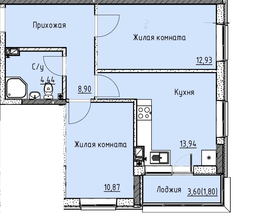 Планировка 2-комн. в ЖК «Точка»