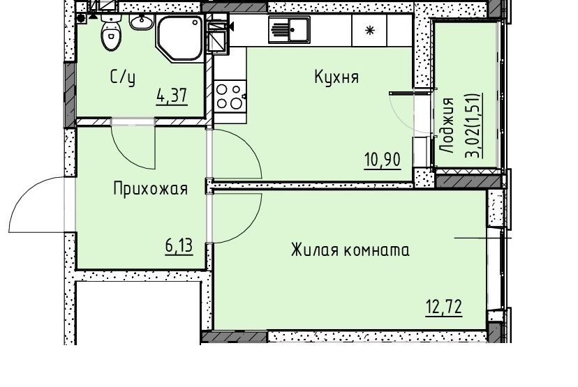 Планировка 1-комн. в ЖК «Точка»