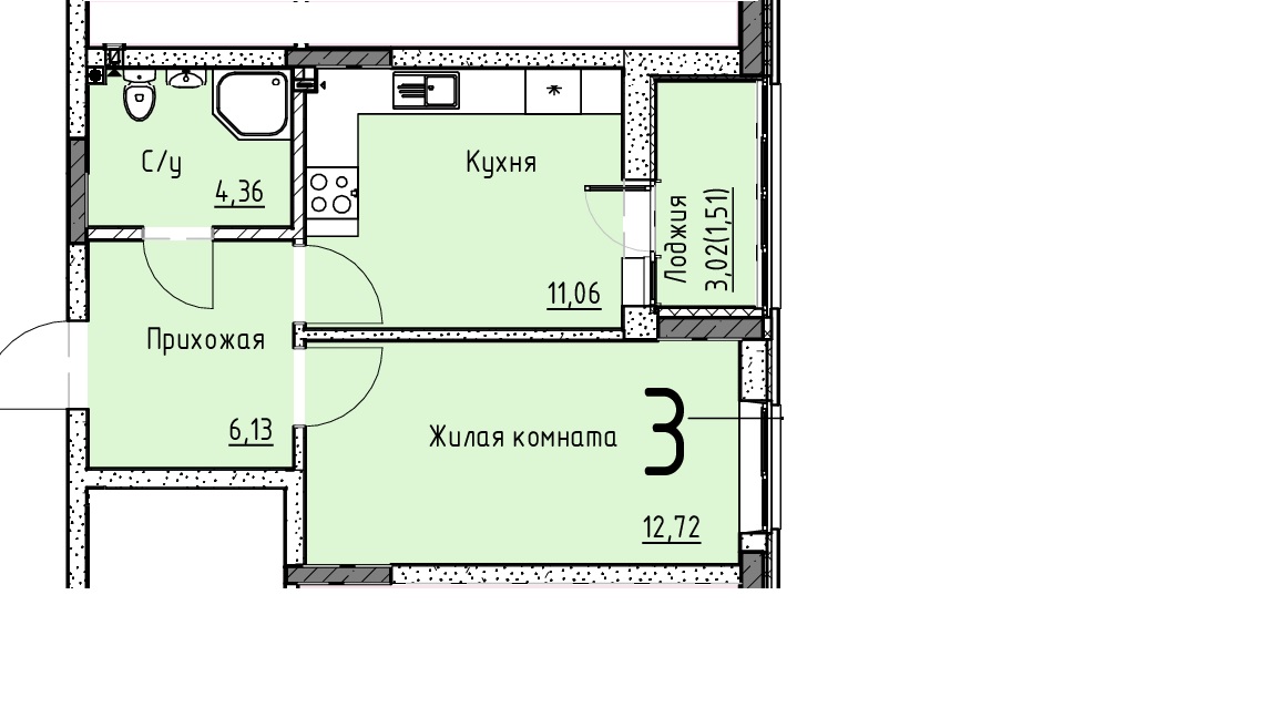 Планировка 1-комн. в ЖК «Точка»