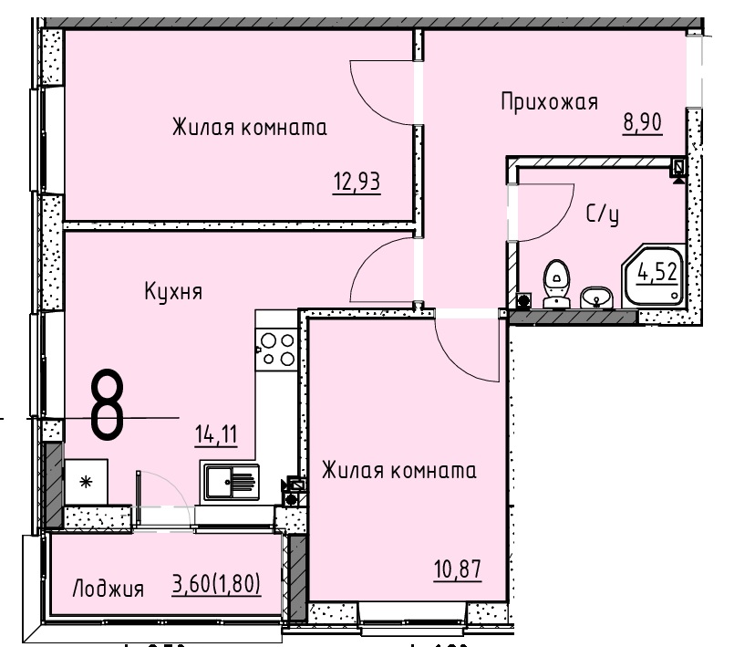 Планировка 2-комн. в ЖК «Точка»
