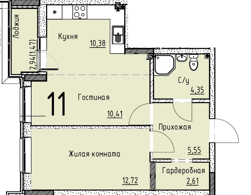 Планировка 2-евро в ЖК «Точка»