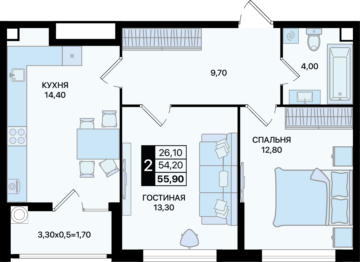 Планировка 2-комн. в ЖК «Движение 61»