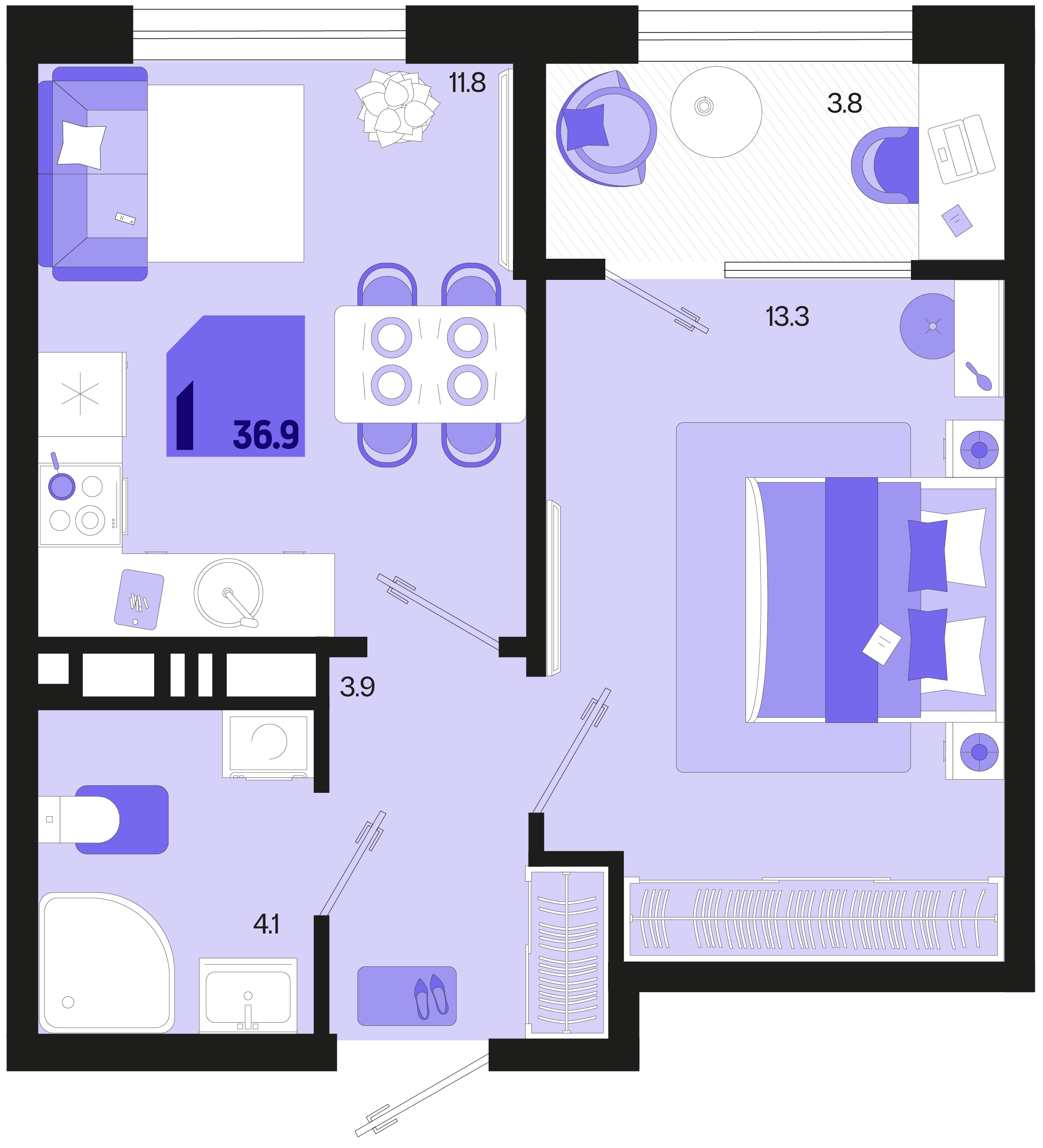 Планировка 1-комн. в ЖК «Первое место»