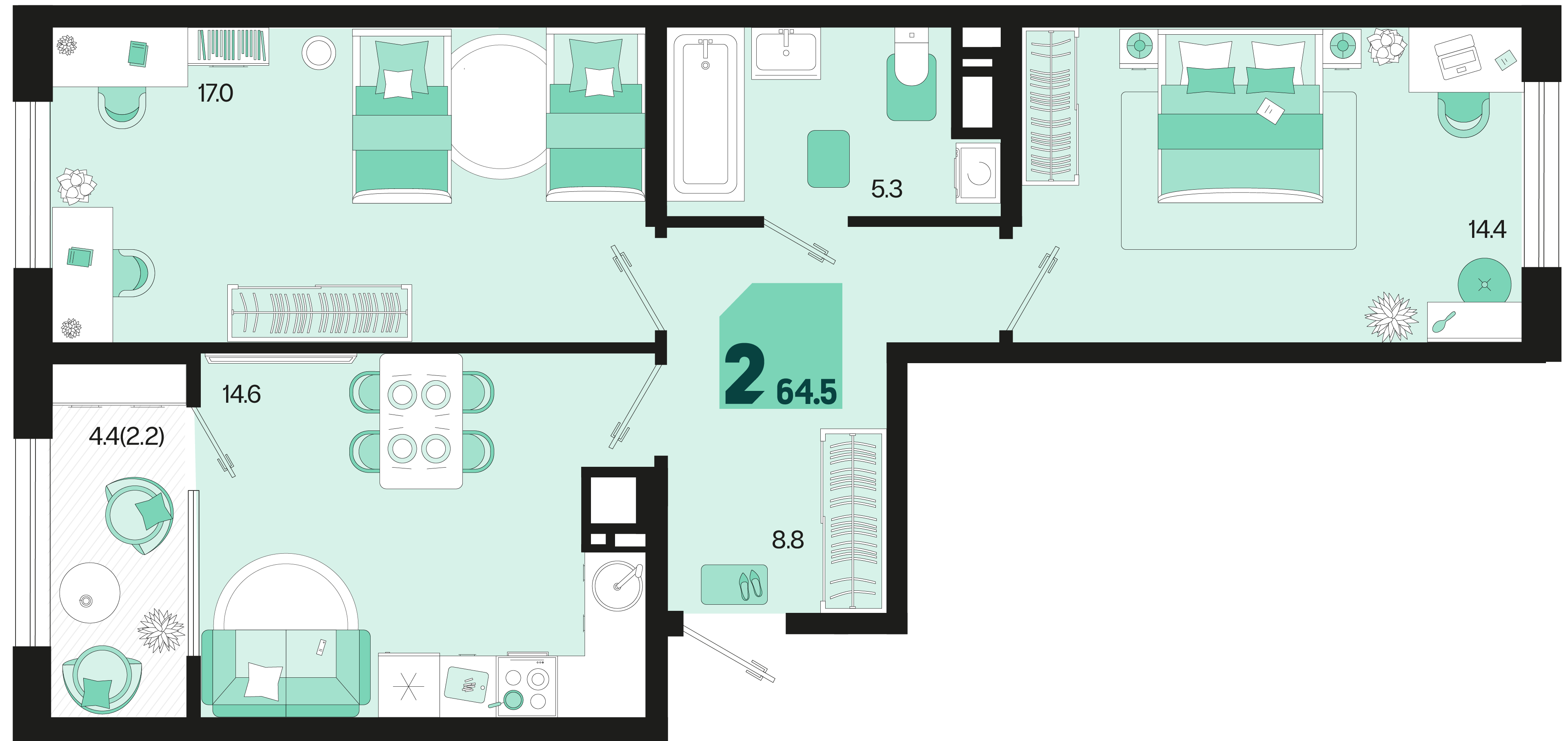 Планировка 2-комн. в ЖК «Первое место»