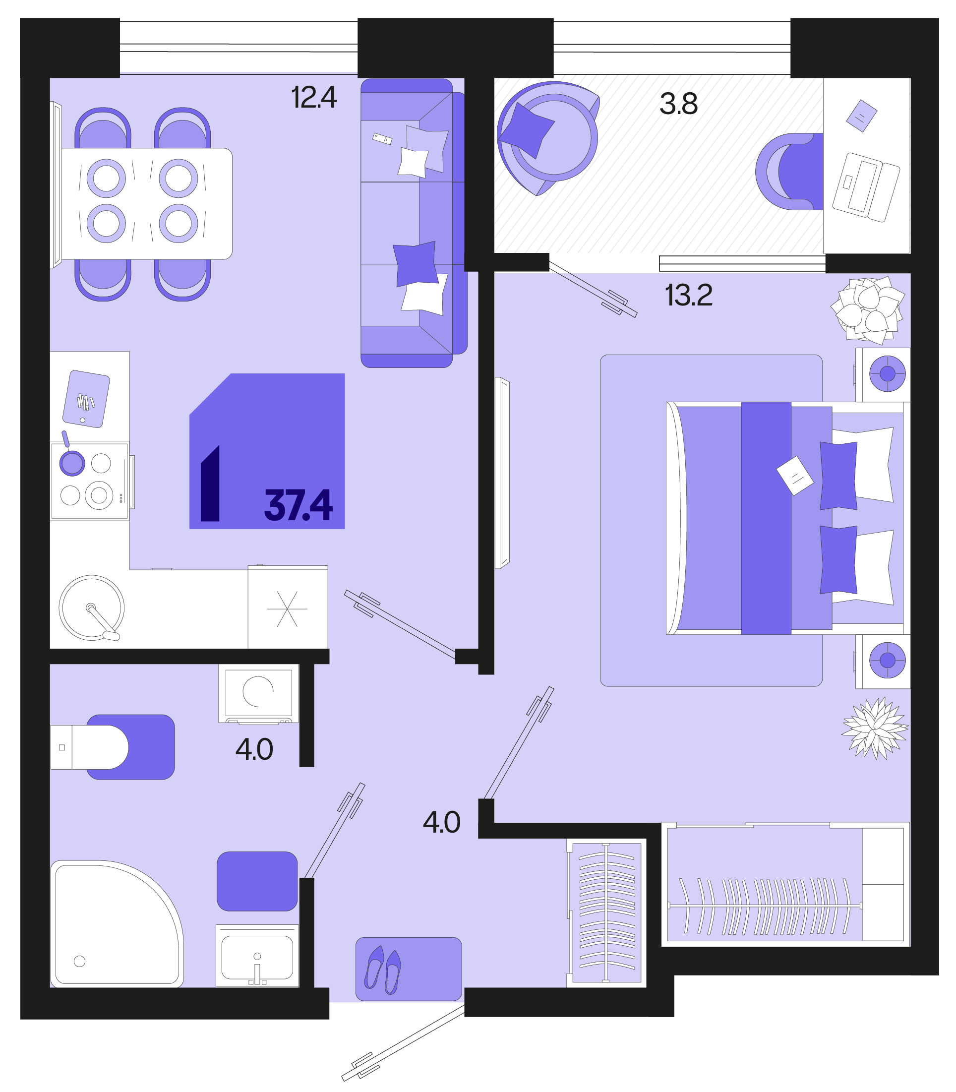 Планировка 1-комн. в ЖК «Первое место»